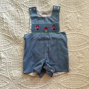 Silly Goose 12 M Blue Football Smocked Kids Overalls Romper Jon Jon